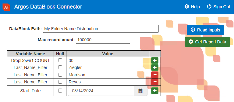 DropDown1.Count - Value: 30; Last_Name_Filter - Value: Ziegler, Value: Morrison, Value: Reyes; Start_Date - Value: 03/16/2017.  The two additional rows for Last_Name_Filter were added using the + button at the end of the first Last_Name_Filter value, and can be removed by selecting the - button at the end of the row.